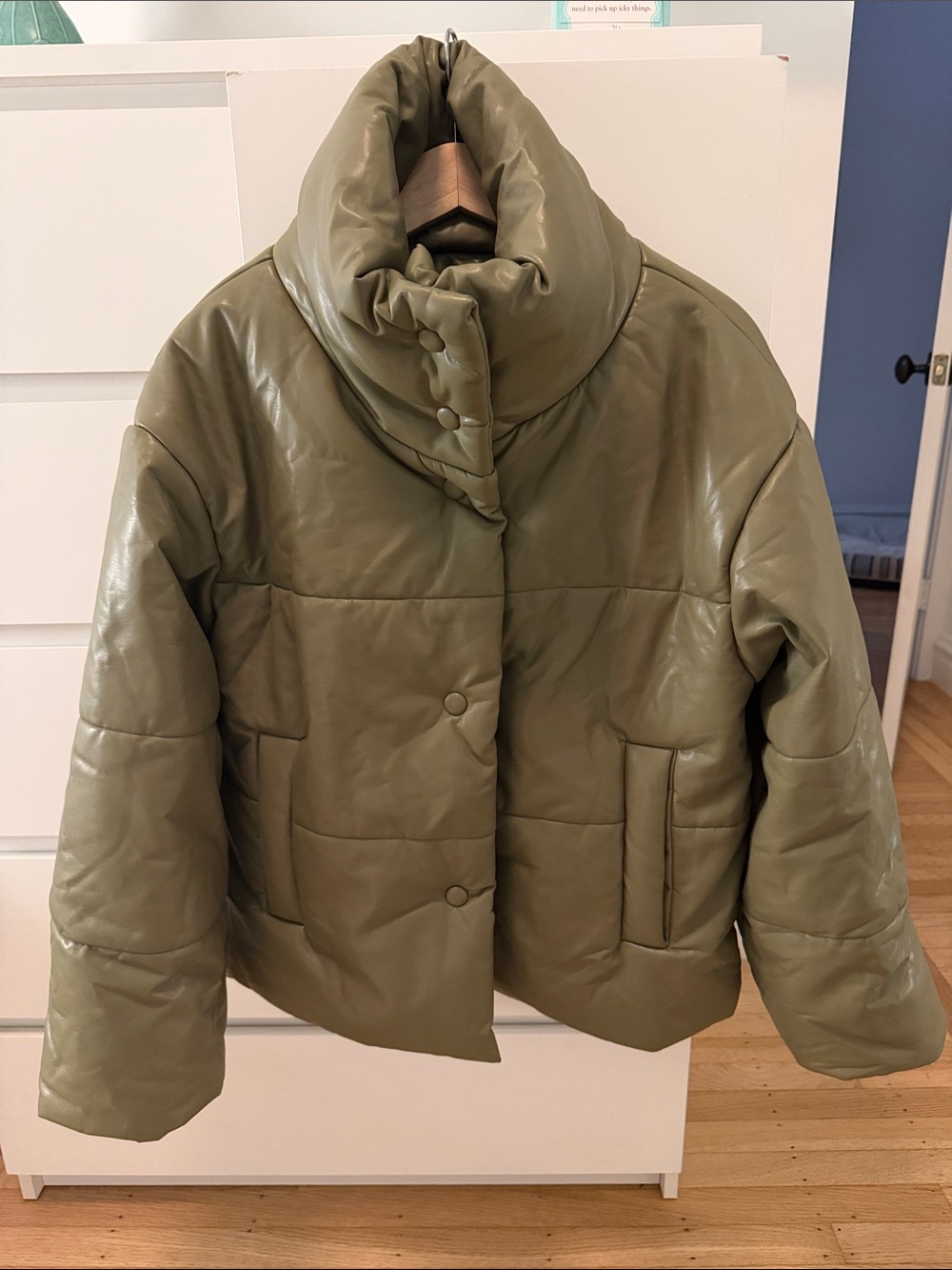 Women's Olive Green Quilted Puffer Jacket with High Collar